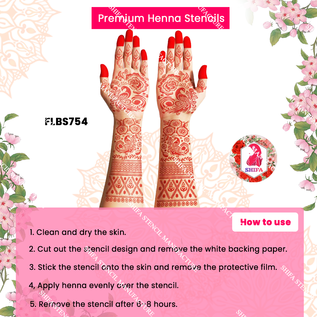FLBS 754 Elegant Floral Stencil Design Double Hand Henna Stencil